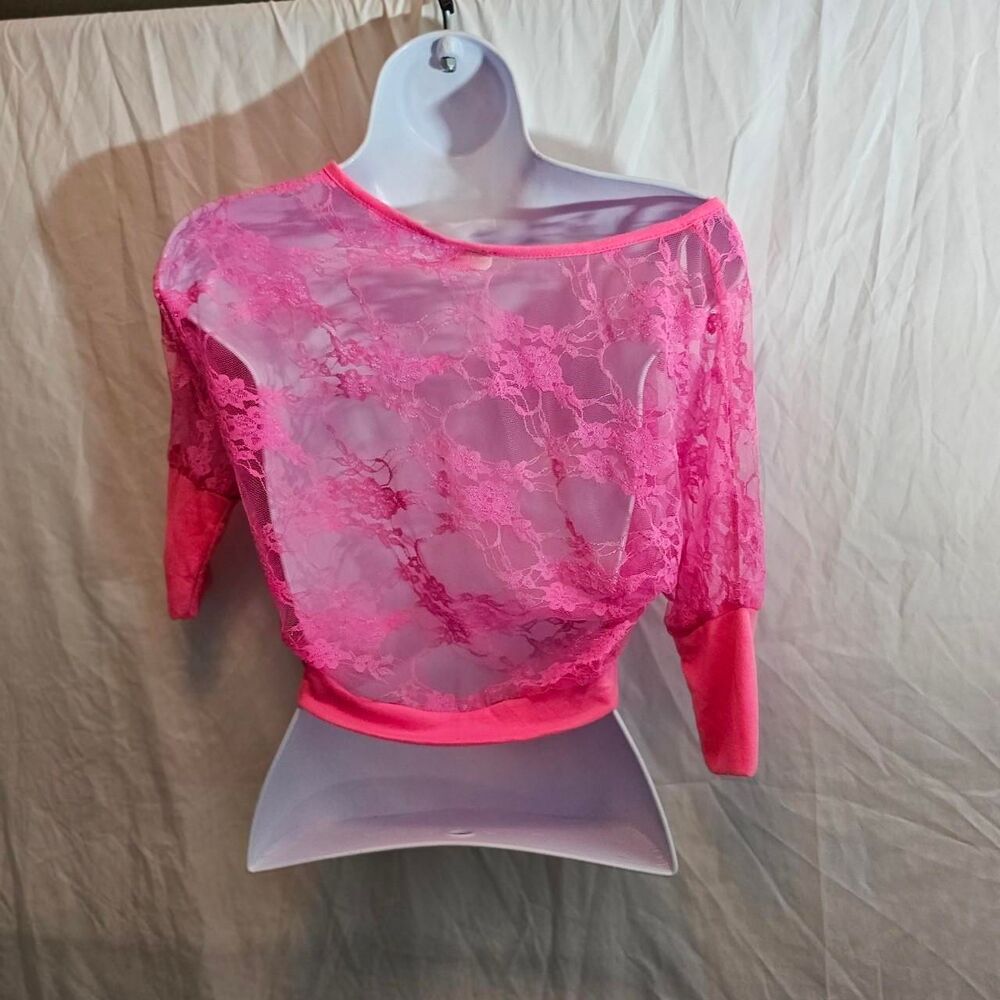 vintage y2k hot pink lace slouchy off the shoulder top - Picture 2 of 5